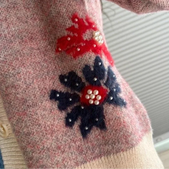 Nicole Miller cardigan sweater pearl floral topper jacket Spring small - Picture 5 of 8